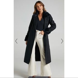 Long Black Jacket with Faux Fur Collar— New with Tags on